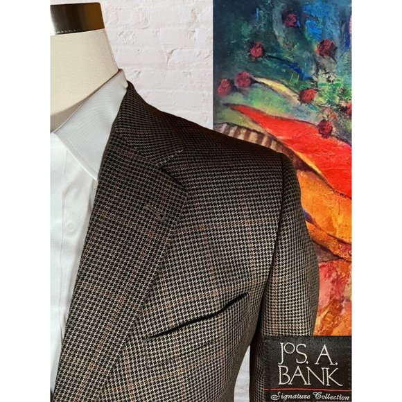 Jos A Bank 46R Signature Houndstooth Blazer Coat Jacket Silk Camelhair - Picture 3 of 14